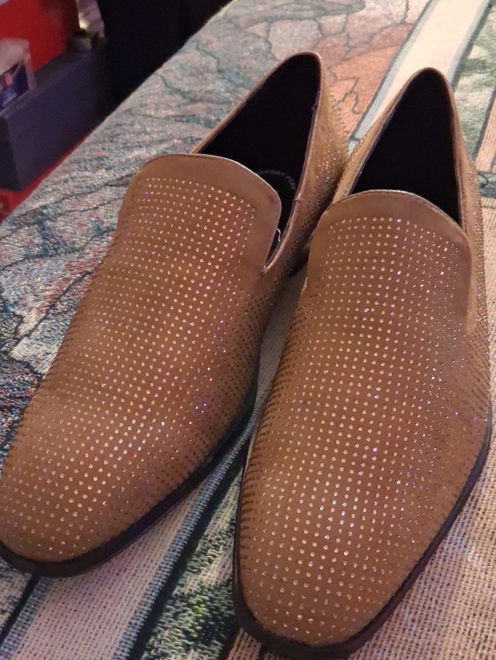 Stacy Adams Tan Slip-On Loafers with Stud Accents  Gold Rhinestones Honey Color